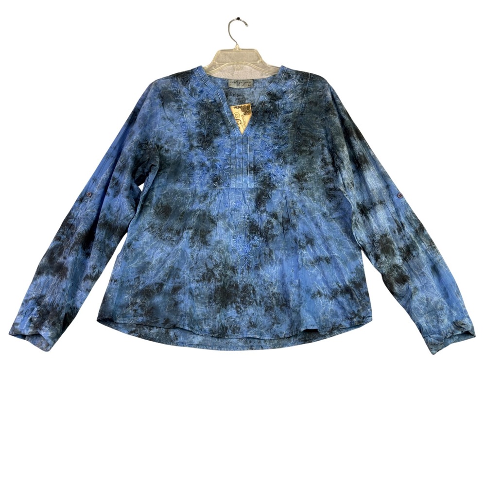 Vintage Goa M Blue Tie Dye Tunic Top Embroidered V-Neck Boho Peasant Casual